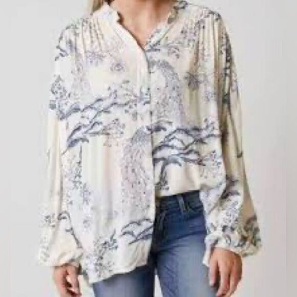 Free People Womens Size Small Oversized Cream Blue Floral Metallic Blooms Blouse - Picture 2 of 16